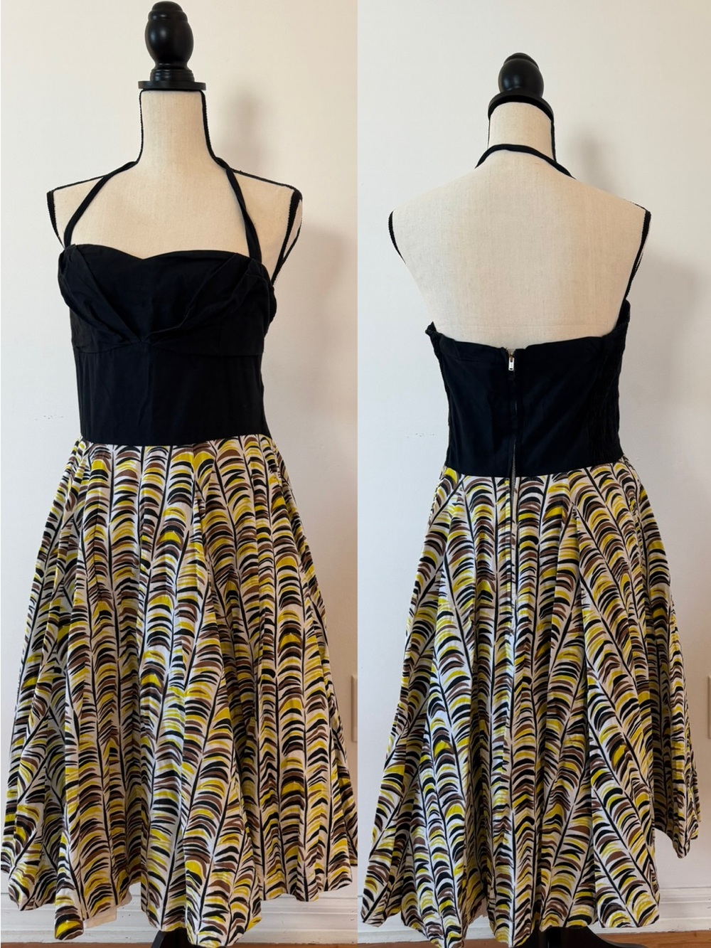 Anthropologie Black Strapless Bodice Dress with Yellow & White Patterned Skirt